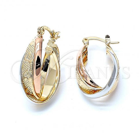 Oro Laminado Medium Hoop, Gold Filled Style Heart and Twist Design, Diamond Cutting Finish, Tricolor, 5.155.016