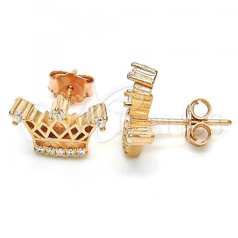 Sterling Silver Stud Earring, Crown Design, with White Cubic Zirconia and White Crystal, Polished, Rose Gold Finish, 02.336.0079.1