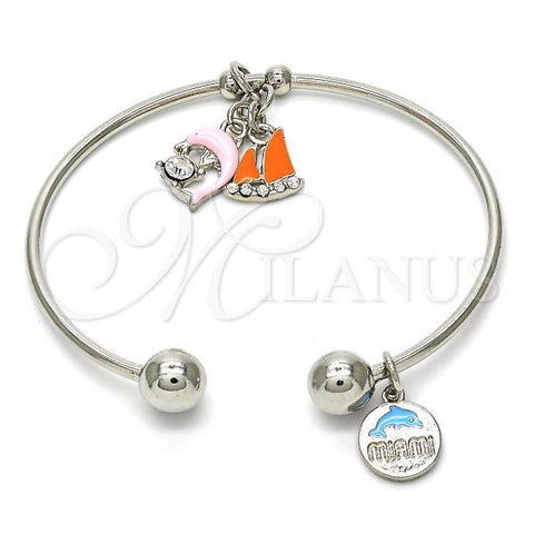 Rhodium Plated Individual Bangle, Dolphin Design, with White Crystal, Multicolor Enamel Finish, Rhodium Finish, 07.179.0005.1 (02 MM Thickness, One size fits all)