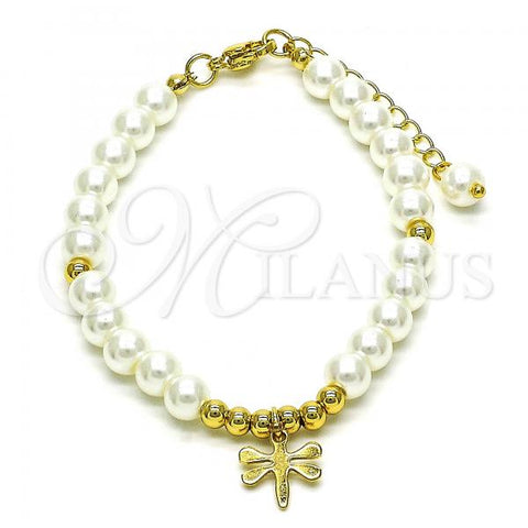 Oro Laminado Fancy Bracelet, Gold Filled Style Dragon-Fly and Ball Design, with Ivory Pearl, Polished, Golden Finish, 03.405.0019.07