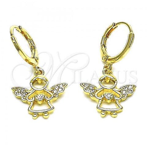 Oro Laminado Dangle Earring, Gold Filled Style Angel Design, with White Micro Pave, Polished, Golden Finish, 02.253.0084
