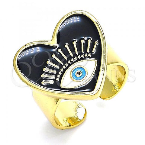 Oro Laminado Elegant Ring, Gold Filled Style Evil Eye and Heart Design, Black Enamel Finish, Golden Finish, 01.313.0002 (One size fits all)