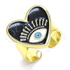 Oro Laminado Elegant Ring, Gold Filled Style Evil Eye and Heart Design, Black Enamel Finish, Golden Finish, 01.313.0002 (One size fits all)