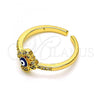Oro Laminado Multi Stone Ring, Gold Filled Style Evil Eye and Flower Design, with White Micro Pave, Blue Enamel Finish, Golden Finish, 01.310.0017