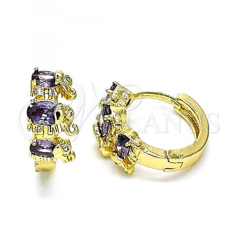 Oro Laminado Huggie Hoop, Gold Filled Style Elephant Design, with Amethyst and White Cubic Zirconia, Polished, Golden Finish, 02.210.0160.10.15