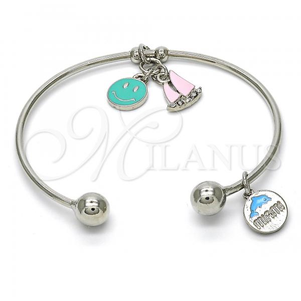 Rhodium Plated Individual Bangle, Smile and Dolphin Design, with White Crystal, Multicolor Enamel Finish, Rhodium Finish, 07.179.0003.1 (02 MM Thickness, One size fits all)