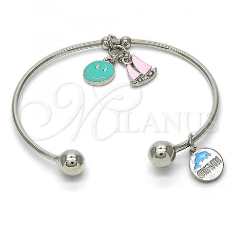 Rhodium Plated Individual Bangle, Smile and Dolphin Design, with White Crystal, Multicolor Enamel Finish, Rhodium Finish, 07.179.0003.1 (02 MM Thickness, One size fits all)