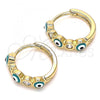 Oro Laminado Huggie Hoop, Gold Filled Style Evil Eye Design, with White Cubic Zirconia, Green Enamel Finish, Golden Finish, 02.213.0196.1.15