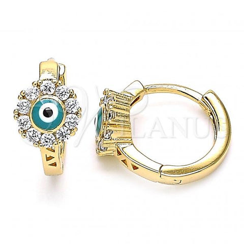 Oro Laminado Huggie Hoop, Gold Filled Style Evil Eye and Flower Design, with White Cubic Zirconia, Green Enamel Finish, Golden Finish, 02.213.0190.2.15