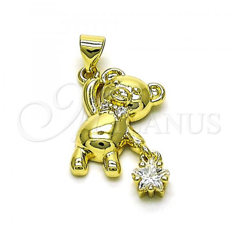 Oro Laminado Fancy Pendant, Gold Filled Style Teddy Bear and Star Design, with White Cubic Zirconia, Polished, Golden Finish, 05.341.0067