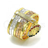Oro Laminado Multi Stone Ring, Gold Filled Style Semanario and Guadalupe Design, with Multicolor Crystal, Diamond Cutting Finish, Tricolor, 01.253.0039.07 (Size 7)