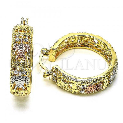 Oro Laminado Medium Hoop, Gold Filled Style Turtle Design, with White Crystal, Polished, Tricolor, 02.380.0097.30