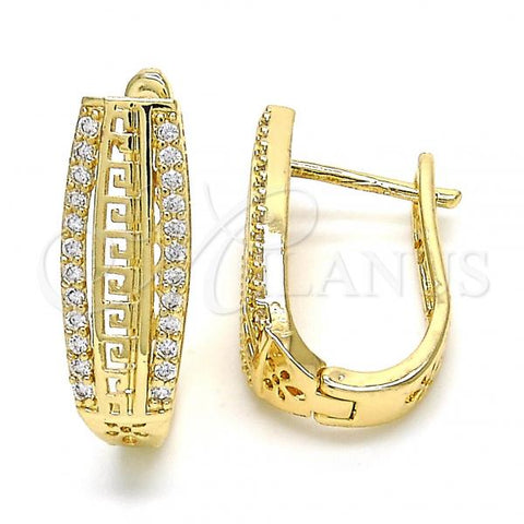 Oro Laminado Huggie Hoop, Gold Filled Style Greek Key Design, with White Cubic Zirconia, Polished, Golden Finish, 02.217.0076.1.15