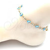 Oro Laminado Fancy Anklet, Gold Filled Style Evil Eye and Hand Design, Turquoise Enamel Finish, Golden Finish, 03.213.0037.4.10
