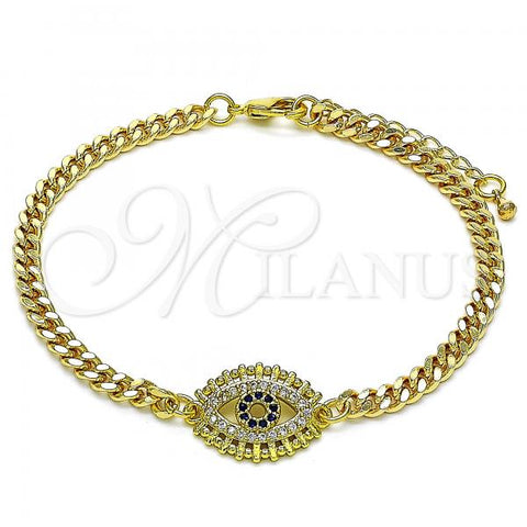 Oro Laminado Fancy Bracelet, Gold Filled Style Evil Eye Design, with Sapphire Blue and White Micro Pave, Polished, Golden Finish, 03.368.0078.08