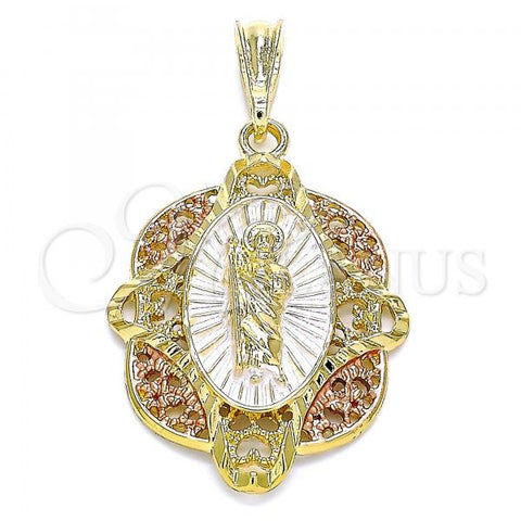 Oro Laminado Religious Pendant, Gold Filled Style San Judas Design, Polished, Tricolor, 05.380.0047
