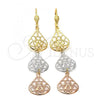 Oro Laminado Long Earring, Gold Filled Style Teardrop Design, Diamond Cutting Finish, Tricolor, 5.077.009