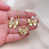 Oro Laminado Earring and Pendant Adult Set, Gold Filled Style Bow and Ball Design, with Ivory Pearl, Polished, Golden Finish, 10.417.0006