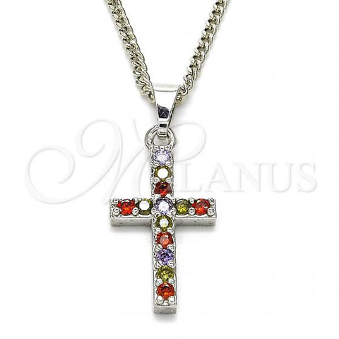 Rhodium Plated Pendant Necklace, Cross Design, with Multicolor Cubic Zirconia, Polished, Rhodium Finish, 04.284.0007.7.22