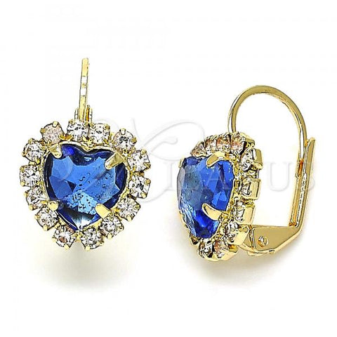 Oro Laminado Leverback Earring, Gold Filled Style Heart Design, with Sapphire Blue and White Crystal, Polished, Golden Finish, 02.122.0111.6