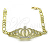 Oro Laminado Fancy Bracelet, Gold Filled Style San Judas and Figaro Design, with White Crystal, Polished, Golden Finish, 03.253.0077.07