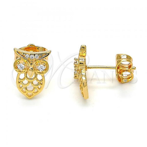 Oro Laminado Stud Earring, Gold Filled Style Owl Design, with White Cubic Zirconia, Polished, Golden Finish, 02.310.0004