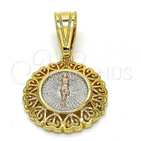 Oro Laminado Religious Pendant, Gold Filled Style Jesus and Heart Design, Polished, Tricolor, 05.120.0077.1