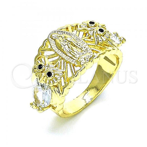 Oro Laminado Multi Stone Ring, Gold Filled Style Guadalupe and Owl Design, with White and Black Cubic Zirconia, Polished, Golden Finish, 01.380.0029.09