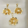Oro Laminado Earring and Pendant Adult Set, Gold Filled Style Flower Design, with Cubic Zirconia, Golden Finish, 5.043.004