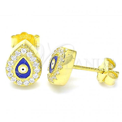 Sterling Silver Stud Earring, Teardrop and Evil Eye Design, with White Cubic Zirconia, Blue Enamel Finish, Golden Finish, 02.336.0156.2