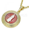 Oro Laminado Religious Pendant, Gold Filled Style Guadalupe and Greek Key Design, Polished, Tricolor, 05.380.0039