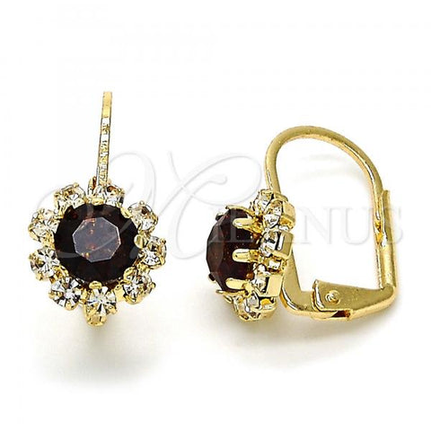 Oro Laminado Leverback Earring, Gold Filled Style Flower Design, with Garnet and White Crystal, Polished, Golden Finish, 02.122.0085.2