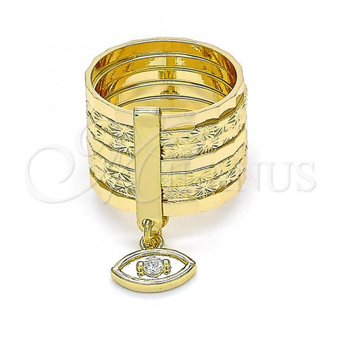 Oro Laminado Multi Stone Ring, Gold Filled Style Semanario and Evil Eye Design, with White Cubic Zirconia, Diamond Cutting Finish, Golden Finish, 01.253.0033.1.08 (Size 8)