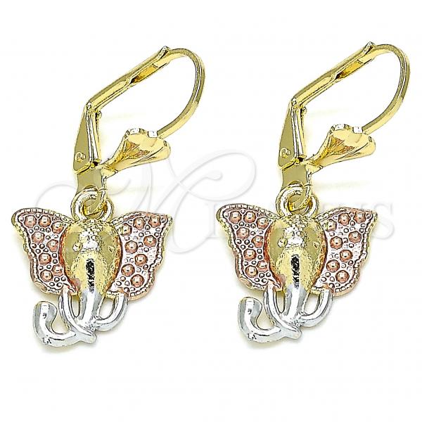 Oro Laminado Dangle Earring, Gold Filled Style Elephant Design, Polished, Tricolor, 02.351.0077