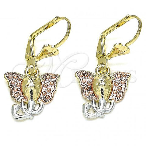 Oro Laminado Dangle Earring, Gold Filled Style Elephant Design, Polished, Tricolor, 02.351.0077