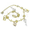 Oro Laminado Charm Bracelet, Gold Filled Style Heart and key Design, Polished, Tricolor, 03.351.0114.07