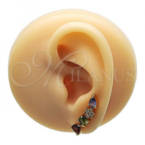 Oro Laminado Earcuff Earring, Gold Filled Style Heart and Teardrop Design, with Multicolor Cubic Zirconia and White Micro Pave, Polished, Golden Finish, 02.210.0706.1