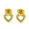 Oro Laminado Stud Earring, Gold Filled Style Heart Design, with White Micro Pave, Polished, Golden Finish, 02.344.0013