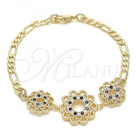 Oro Laminado Fancy Bracelet, Gold Filled Style Flower Design, with Black and White Cubic Zirconia, Polished, Golden Finish, 03.233.0046.08