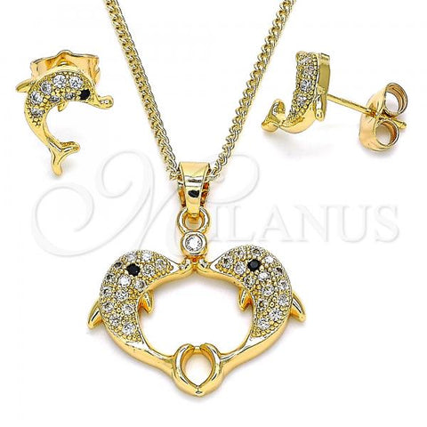 Oro Laminado Earring and Pendant Adult Set, Gold Filled Style Dolphin Design, with White and Black Micro Pave, Polished, Golden Finish, 10.210.0121.2