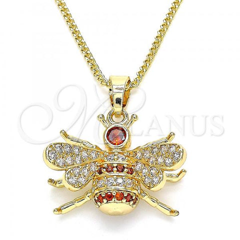 Oro Laminado Pendant Necklace, Gold Filled Style Bee Design, with Garnet and White Micro Pave, Polished, Golden Finish, 04.210.0049.1.20