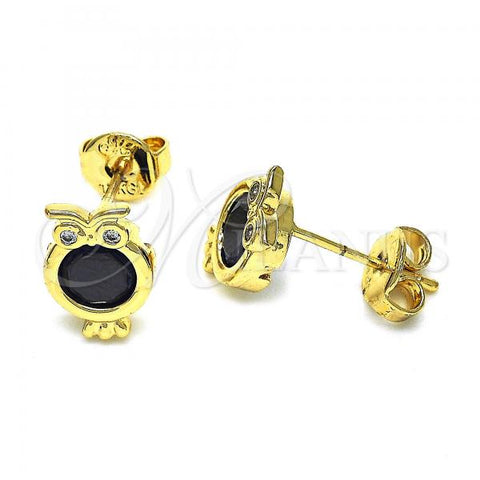 Oro Laminado Stud Earring, Gold Filled Style Owl Design, with Black and White Cubic Zirconia, Polished, Golden Finish, 02.94.0076