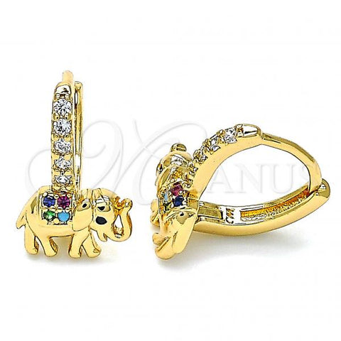 Oro Laminado Huggie Hoop, Gold Filled Style Elephant Design, with Multicolor Micro Pave, Polished, Golden Finish, 02.213.0176.15