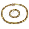 Stainless Steel Necklace and Bracelet, Miami Cuban Design, Polished, Golden Finish, 06.116.0042