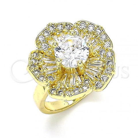 Oro Laminado Multi Stone Ring, Gold Filled Style Flower Design, with White Cubic Zirconia, Polished, Golden Finish, 01.283.0019.08 (Size 8)