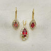 Oro Laminado Earring and Pendant Adult Set, Gold Filled Style with Garnet and White Cubic Zirconia, Golden Finish, 5.058.016