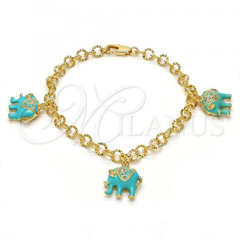 Oro Laminado Charm Bracelet, Gold Filled Style Elephant Design, with White Crystal, Turquoise Enamel Finish, Golden Finish, 03.63.1797.3.07