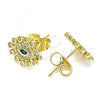 Oro Laminado Stud Earring, Gold Filled Style Evil Eye Design, with Sapphire Blue and White Micro Pave, Polished, Golden Finish, 02.156.0553