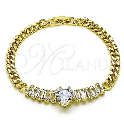 Oro Laminado Fancy Bracelet, Gold Filled Style Heart and Baguette Design, with White Cubic Zirconia, Polished, Golden Finish, 03.283.0346.07