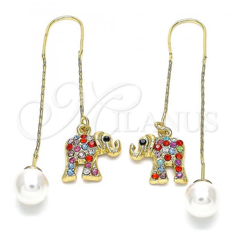 Oro Laminado Threader Earring, Gold Filled Style Elephant Design, with Multicolor Crystal, Polished, Golden Finish, 02.380.0032.1